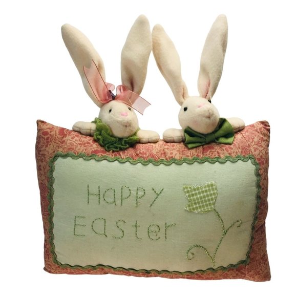 Happy Easter Bunny Rabbit Throw Pillow Embellished Decor Vintage Rare - Picture 1 of 10